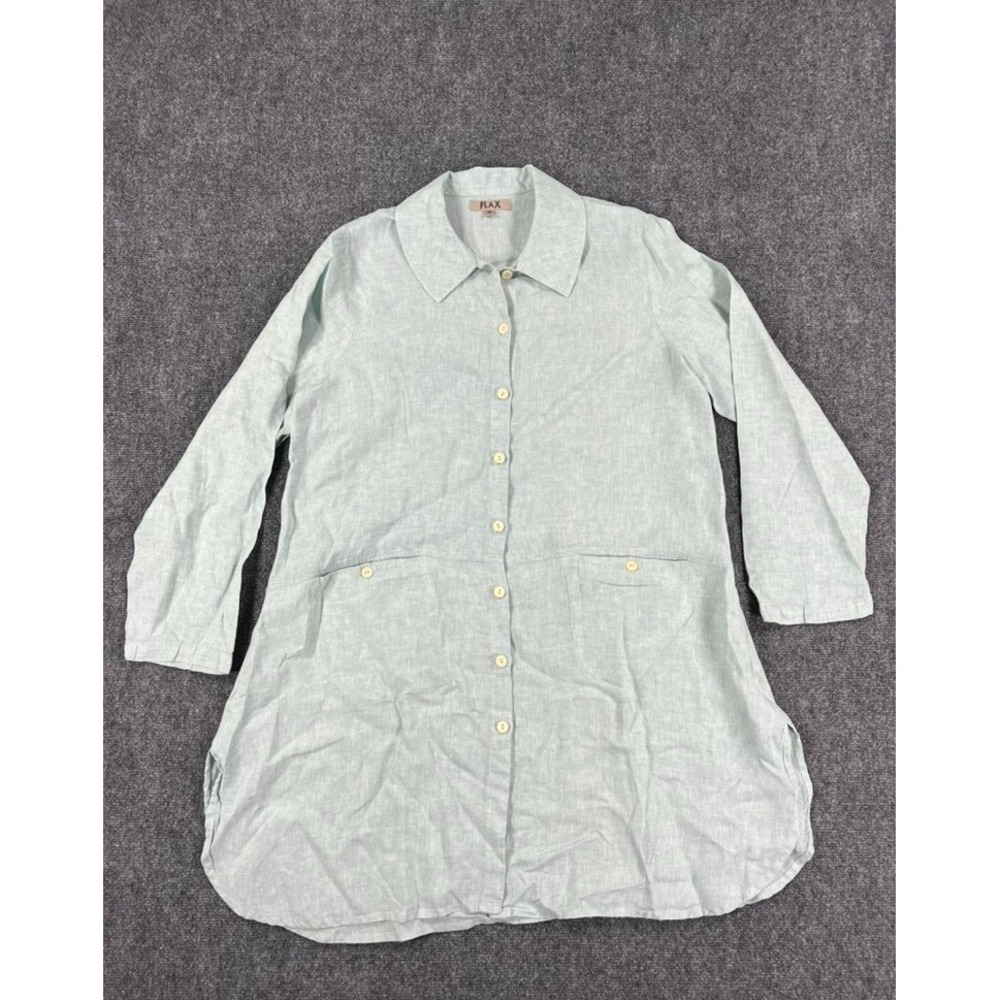 Flax‎ Womens Dress Medium Green Linen Button Front Long Sleeve Lagenlook Tunic